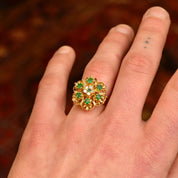 14K Emerald Diamond Cluster Dome Ring, Yellow Gold Gemstone Flower Cocktail Ring, Size 7 1/2 US