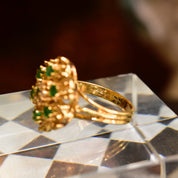 14K Emerald Diamond Cluster Dome Ring, Yellow Gold Gemstone Flower Cocktail Ring, Size 7 1/2 US