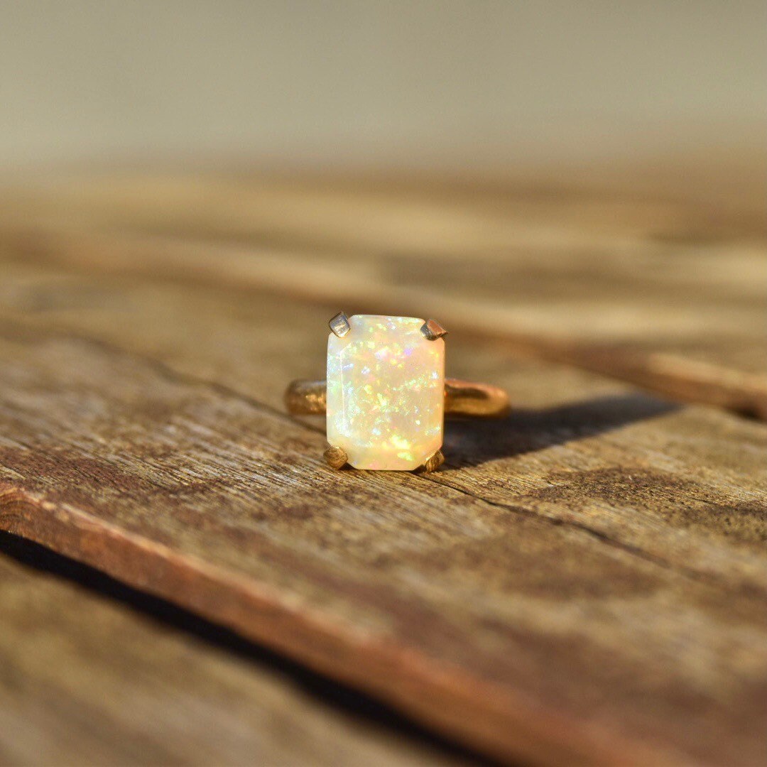 18K White Opal Cocktail Ring, 4 CT Genuine Opal, Polished Yellow Gold Band, October Birthstone, Size 7 1/2 US