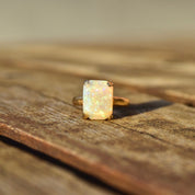 18K White Opal Cocktail Ring, 4 CT Genuine Opal, Polished Yellow Gold Band, October Birthstone, Size 7 1/2 US