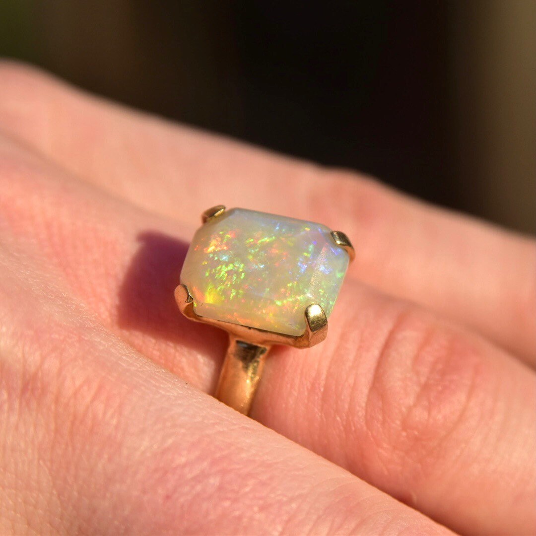 18K White Opal Cocktail Ring, 4 CT Genuine Opal, Polished Yellow Gold Band, October Birthstone, Size 7 1/2 US