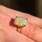 18K White Opal Cocktail Ring, 4 CT Genuine Opal, Polished Yellow Gold Band, October Birthstone, Size 7 1/2 US