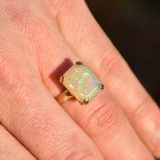18K White Opal Cocktail Ring, 4 CT Genuine Opal, Polished Yellow Gold Band, October Birthstone, Size 7 1/2 US