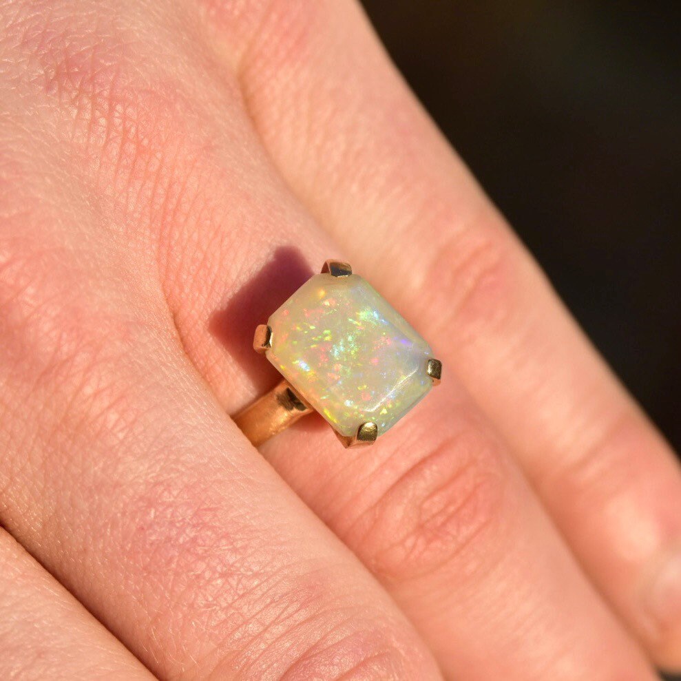 18K White Opal Cocktail Ring, 4 CT Genuine Opal, Polished Yellow Gold Band, October Birthstone, Size 7 1/2 US