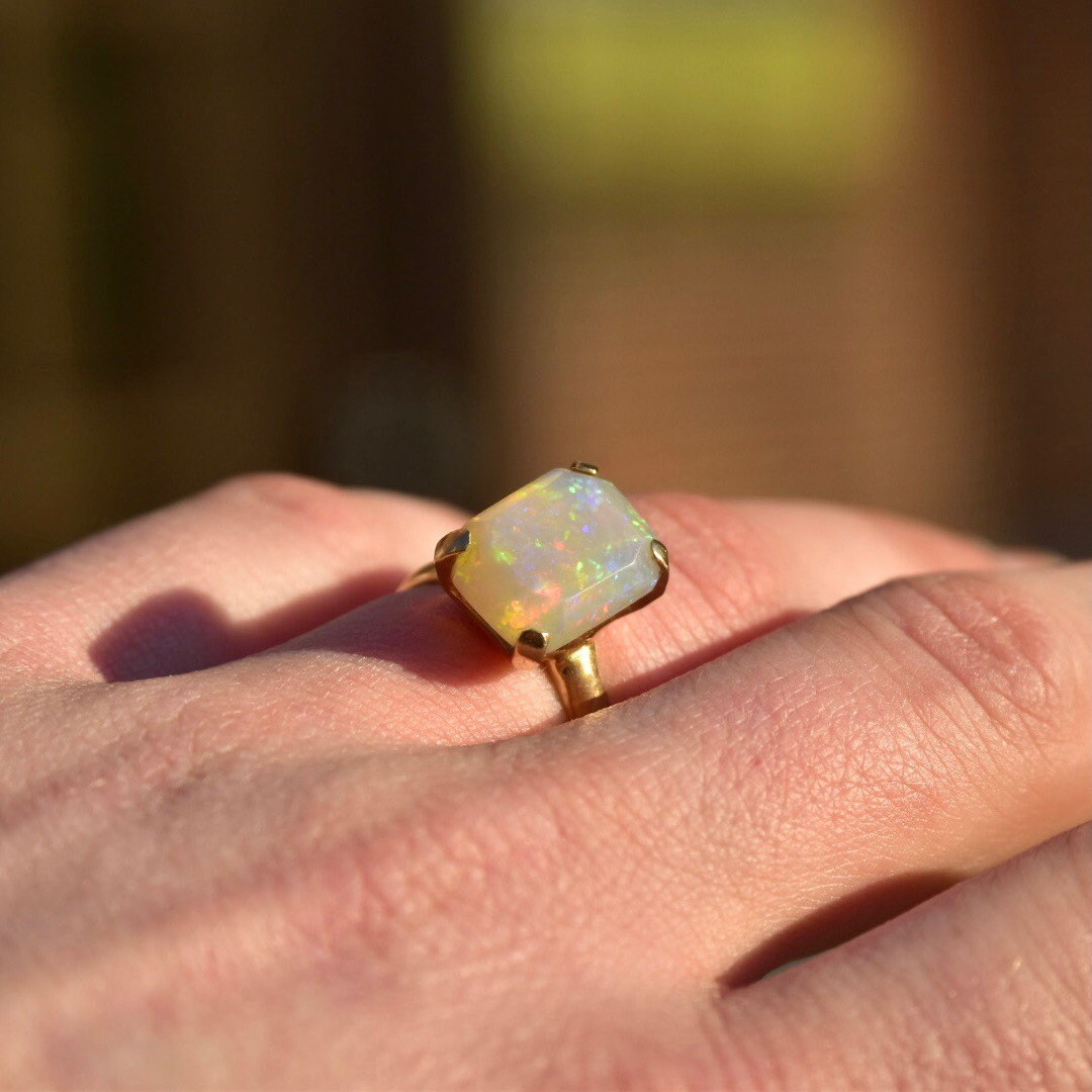 18K White Opal Cocktail Ring, 4 CT Genuine Opal, Polished Yellow Gold Band, October Birthstone, Size 7 1/2 US