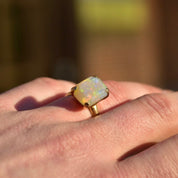 18K White Opal Cocktail Ring, 4 CT Genuine Opal, Polished Yellow Gold Band, October Birthstone, Size 7 1/2 US