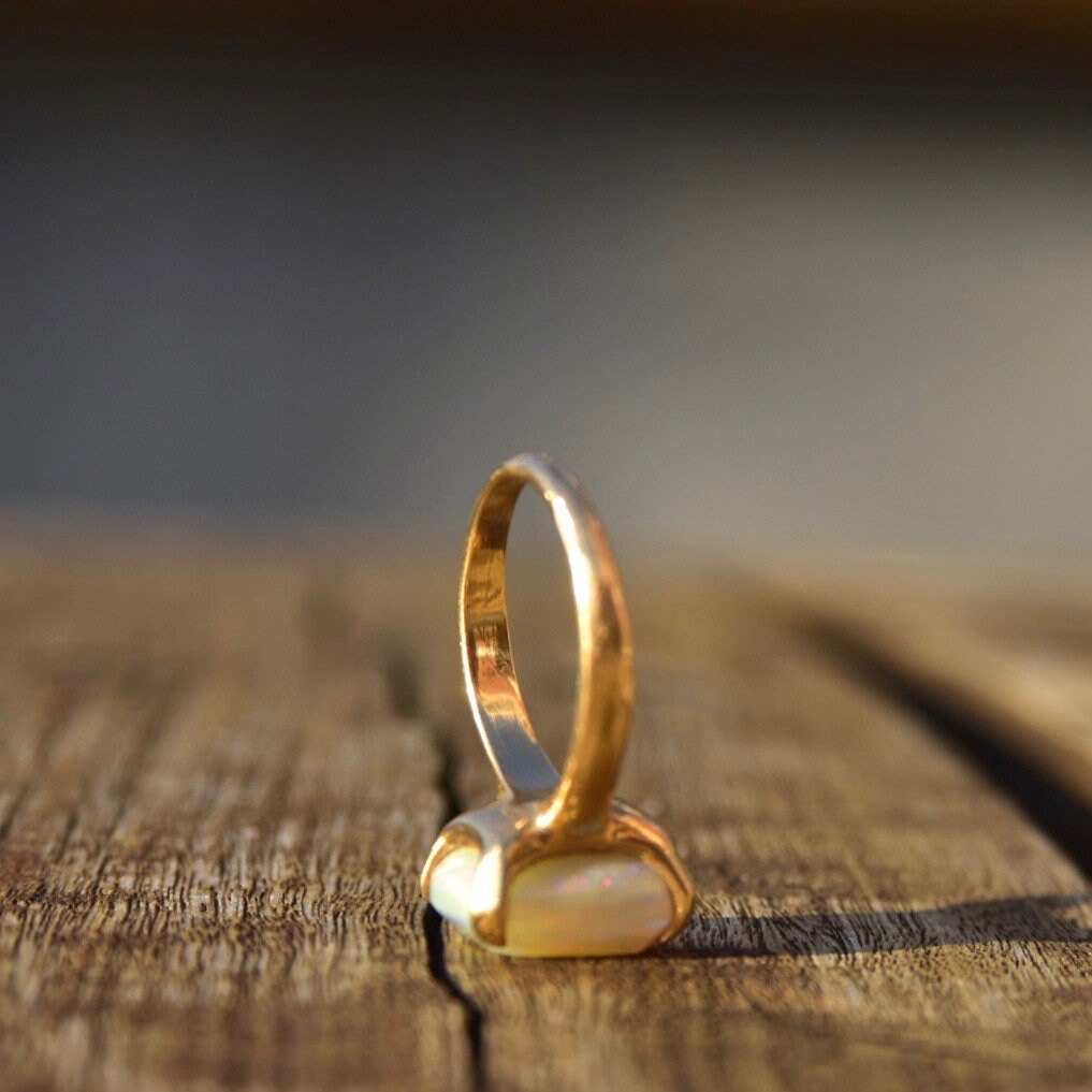 18K White Opal Cocktail Ring, 4 CT Genuine Opal, Polished Yellow Gold Band, October Birthstone, Size 7 1/2 US