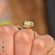 18K White Opal Cocktail Ring, 4 CT Genuine Opal, Polished Yellow Gold Band, October Birthstone, Size 7 1/2 US