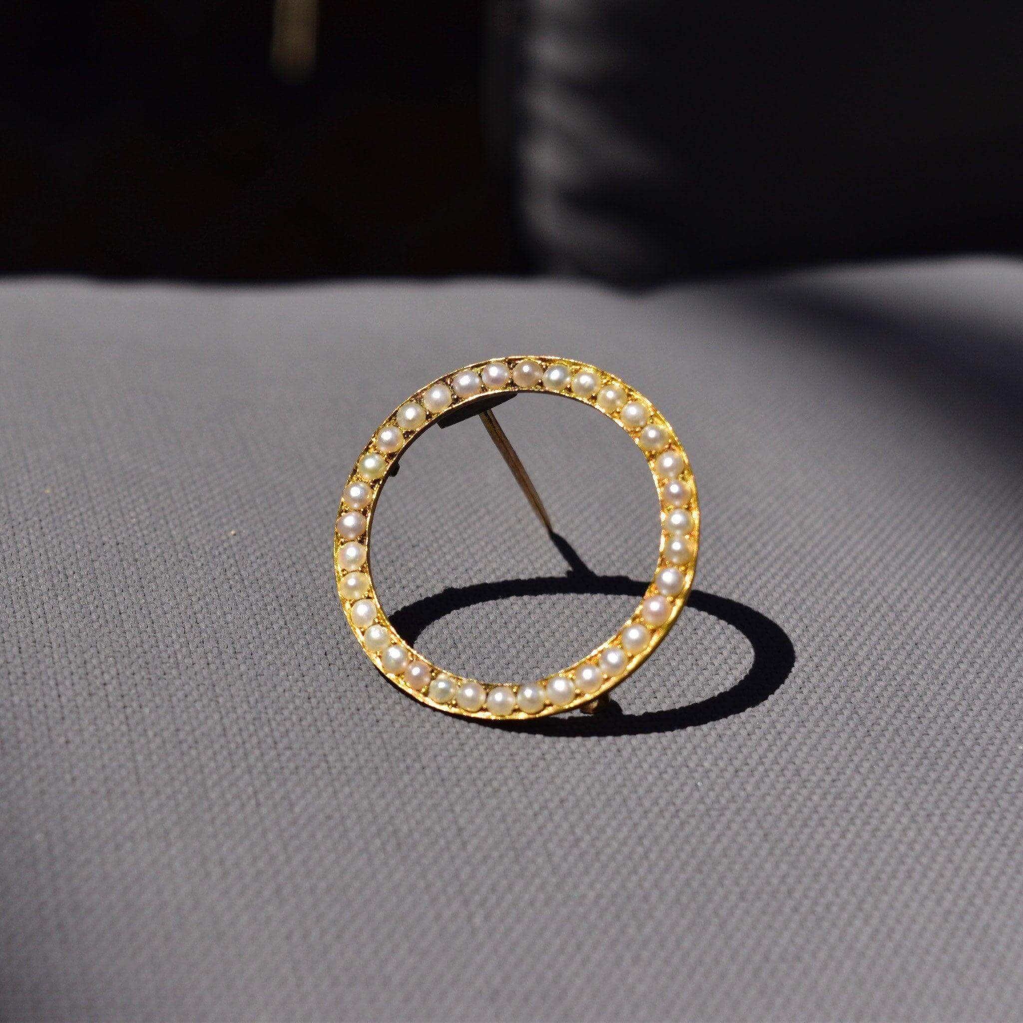 Antique 10K Seed Pearl Circle Pin, Pearl Pave Open Circle Brooch, Scarf/Sash/Lapel Pin, 32mm - Good's Vintage