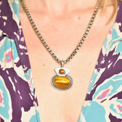 Vintage Modernist Sterling Silver Tiger's Eye Pendant, Chunk Silver Pendant W/ Iridescent Brown Gemstone, 925 Jewelry, 1 3/4" L