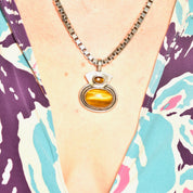 Vintage Modernist Sterling Silver Tiger's Eye Pendant, Chunk Silver Pendant W/ Iridescent Brown Gemstone, 925 Jewelry, 1 3/4" L