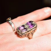 Antique Art Deco 14K White Gold Filigree Flip Ring, Diamond Necklace Lady Cameo, Amethyst Diamond Accent, Reversible Setting, Size 7 US
