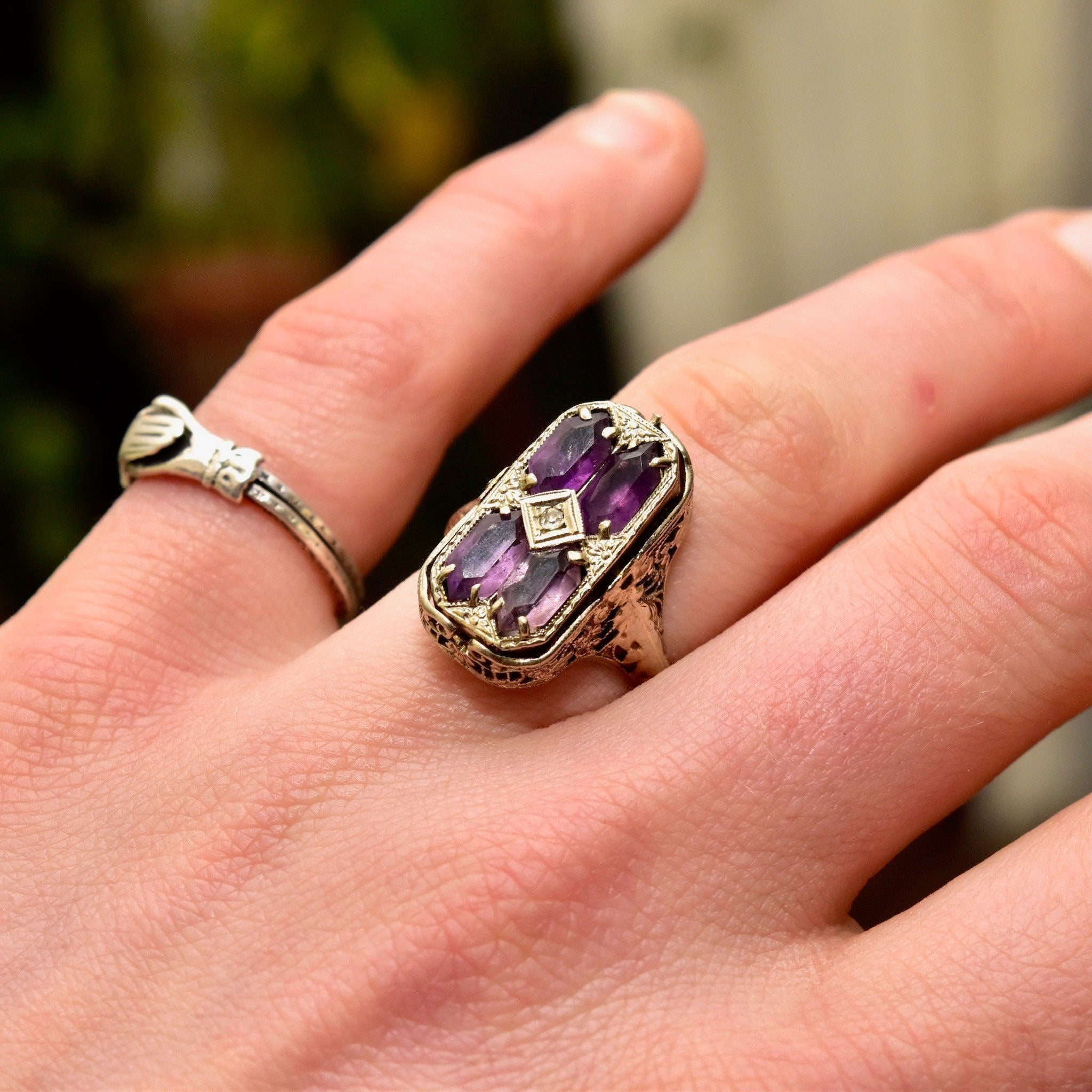 Antique Art Deco 14K White Gold Filigree Flip Ring, Diamond Necklace Lady Cameo, Amethyst Diamond Accent, Reversible Setting, Size 7 US