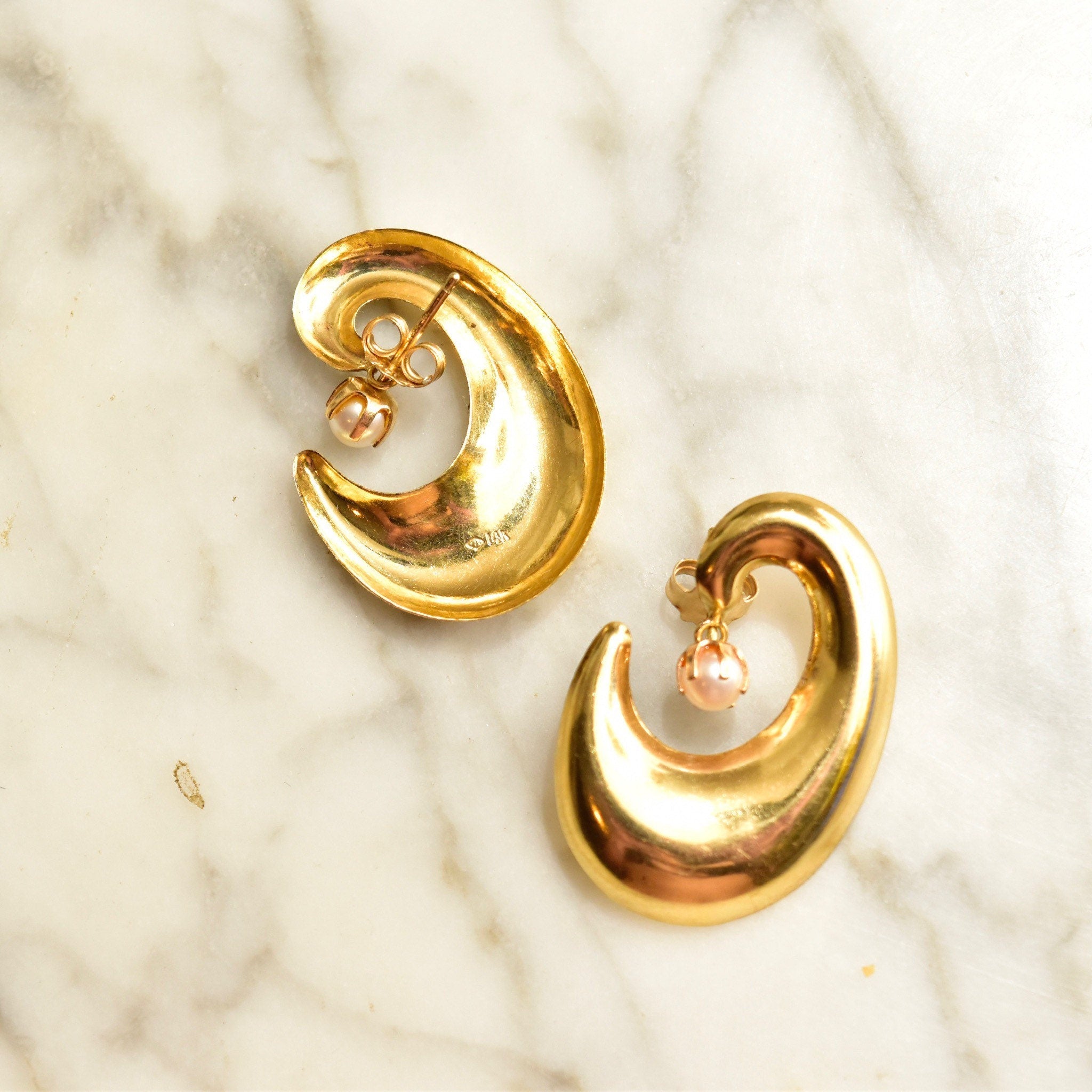 Vintage 14K Gold Swirl Pearl Stud Dangle Earrings, Mid-Century Modern, Elegant 585 Earrings, 1 1/8" L