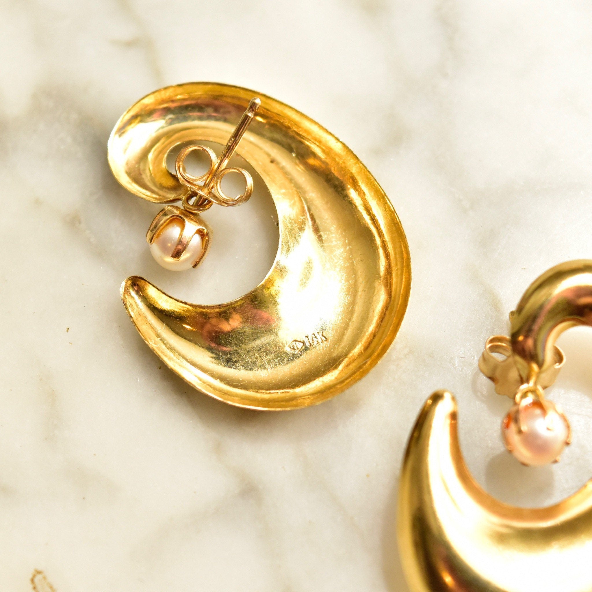 Vintage 14K Gold Swirl Pearl Stud Dangle Earrings, Mid-Century Modern, Elegant 585 Earrings, 1 1/8" L