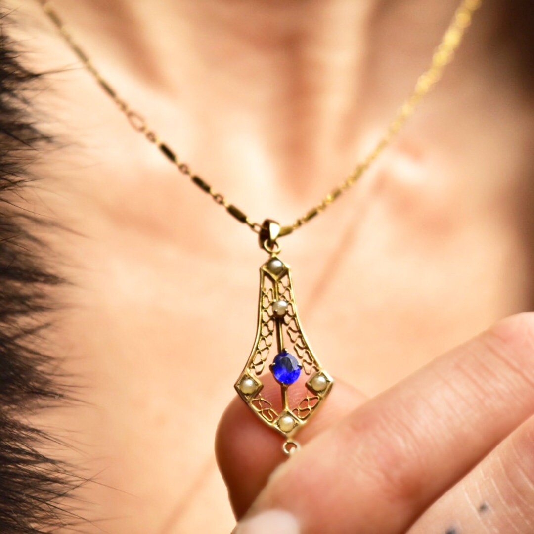 Antique 10K Gold Filigree Blue Sapphire Baroque Pearl Lavaliere Pendant Necklace, Fancy Bar Link Chain, Art Nouveau/Deco Necklace, 18 1/4" L