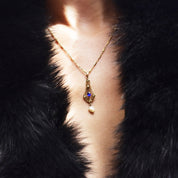 Antique 10K Gold Filigree Blue Sapphire Baroque Pearl Lavaliere Pendant Necklace, Fancy Bar Link Chain, Art Nouveau/Deco Necklace, 18 1/4" L