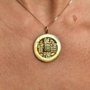 Vintage 14K Gold Jade Chinese Cash Coin Pendant, Jade Accent Brass Cash Token, Yellow Gold Bezel Setting, 585 Medallion, 1 1/2" L