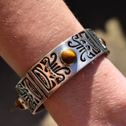 Vintage TAXCO Sterling Silver Tiger's Eye Link Bracelet, Tribal Motifs, Heavy Silver Closed Cuff/Bangle, Security Chain Clasp, 7 1/2"