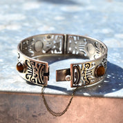 Vintage TAXCO Sterling Silver Tiger's Eye Link Bracelet, Tribal Motifs, Heavy Silver Closed Cuff/Bangle, Security Chain Clasp, 7 1/2"
