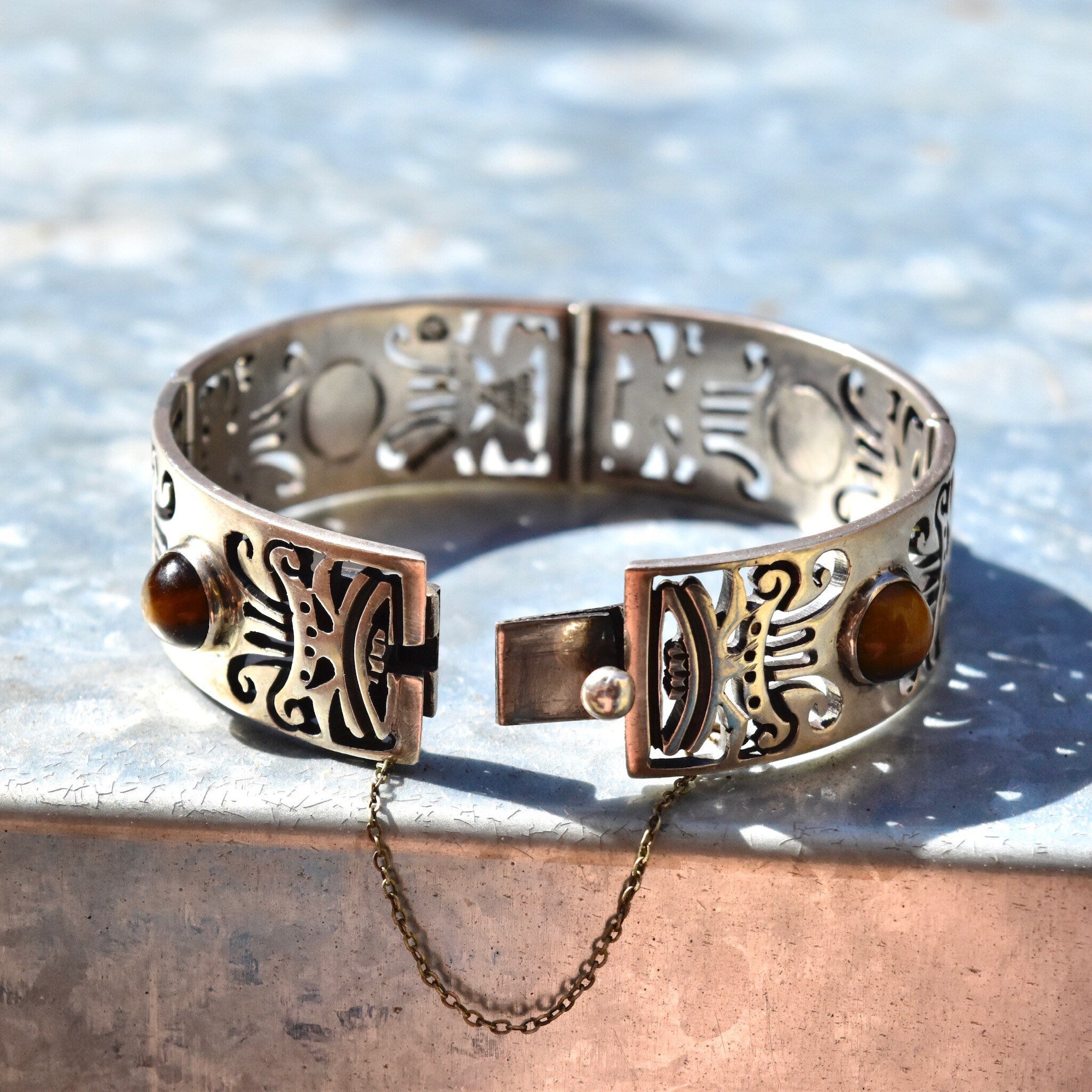 Vintage TAXCO Sterling Silver Tiger's Eye Link Bracelet, Tribal Motifs, Heavy Silver Closed Cuff/Bangle, Security Chain Clasp, 7 1/2"