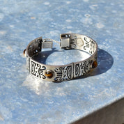 Vintage TAXCO Sterling Silver Tiger's Eye Link Bracelet, Tribal Motifs, Heavy Silver Closed Cuff/Bangle, Security Chain Clasp, 7 1/2"