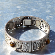 Vintage TAXCO Sterling Silver Tiger's Eye Link Bracelet, Tribal Motifs, Heavy Silver Closed Cuff/Bangle, Security Chain Clasp, 7 1/2"