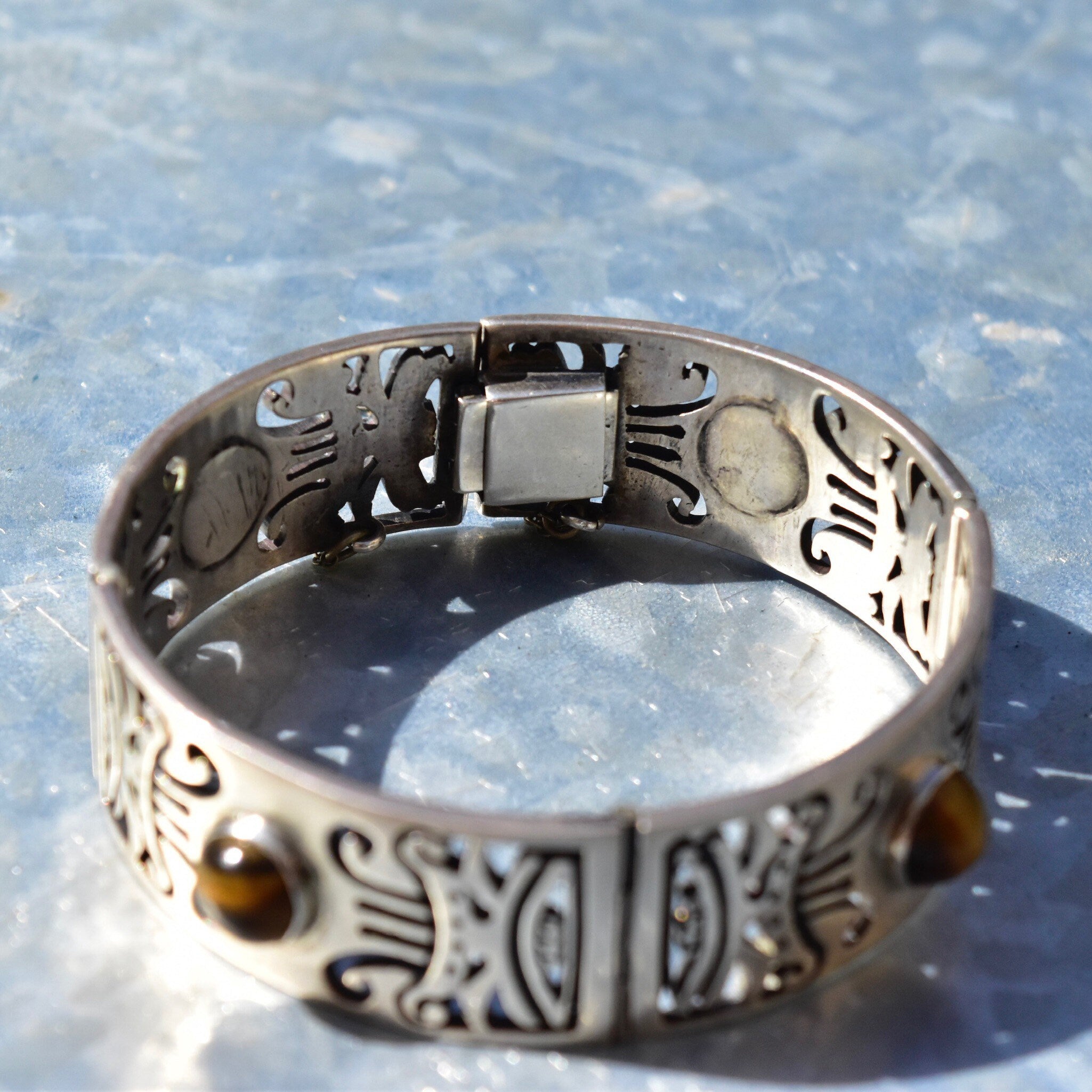 Vintage TAXCO Sterling Silver Tiger's Eye Link Bracelet, Tribal Motifs, Heavy Silver Closed Cuff/Bangle, Security Chain Clasp, 7 1/2"