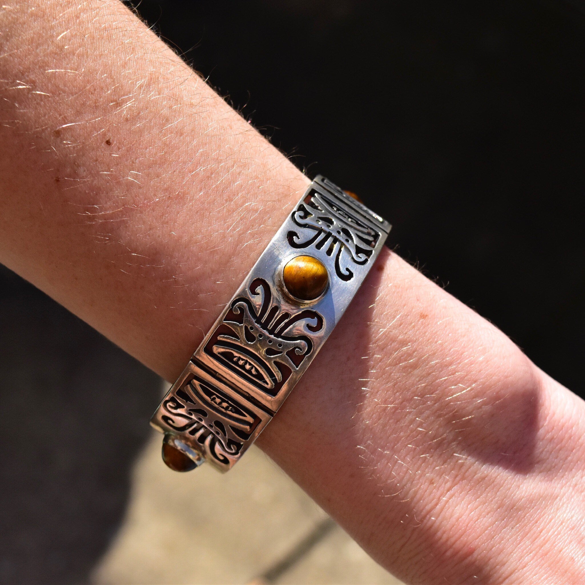 Vintage TAXCO Sterling Silver Tiger's Eye Link Bracelet, Tribal Motifs, Heavy Silver Closed Cuff/Bangle, Security Chain Clasp, 7 1/2"
