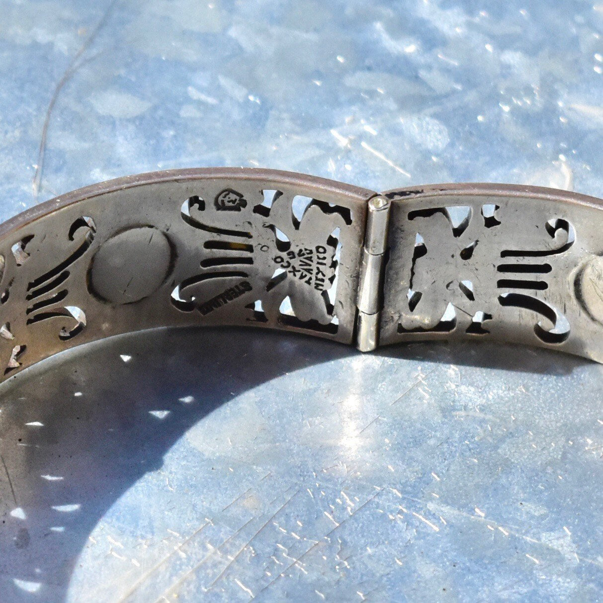 Vintage TAXCO Sterling Silver Tiger's Eye Link Bracelet, Tribal Motifs, Heavy Silver Closed Cuff/Bangle, Security Chain Clasp, 7 1/2"
