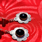 Vintage Navajo MANYGOATS Sterling Silver Black Onyx Flower Pierced Dangle Earrings, Engraved Designs, Native American Jewelry, 2 3/8" L