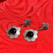 Vintage Navajo MANYGOATS Sterling Silver Black Onyx Flower Pierced Dangle Earrings, Engraved Designs, Native American Jewelry, 2 3/8" L