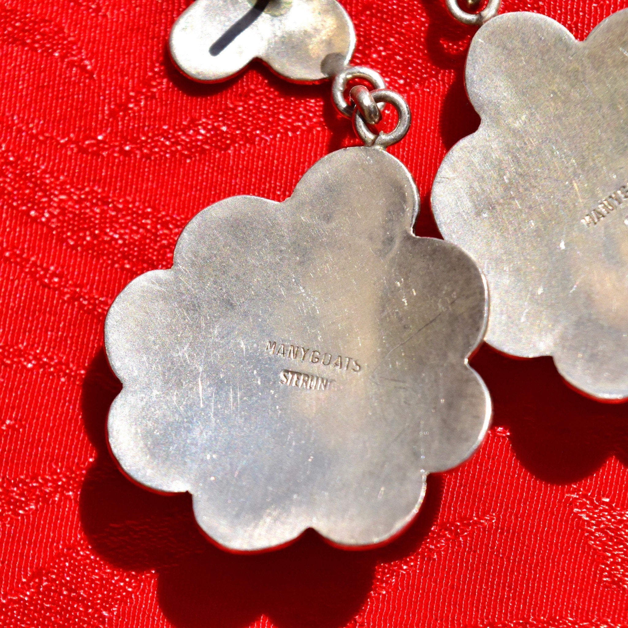 Vintage Navajo MANYGOATS Sterling Silver Black Onyx Flower Pierced Dangle Earrings, Engraved Designs, Native American Jewelry, 2 3/8" L