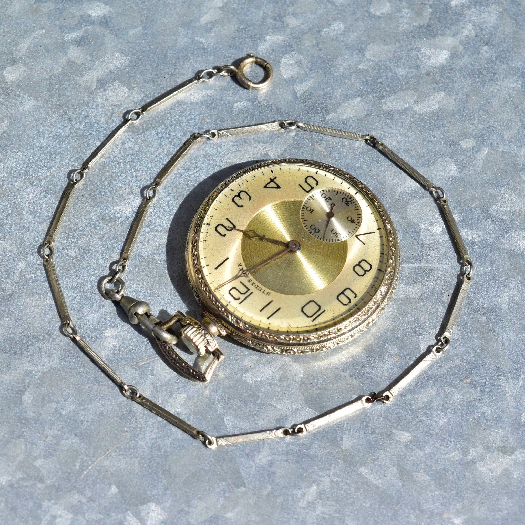 Antique South Bend STUDEBAKER 14K WG Filled Pocket Watch W/ Chain, Railroad Grade, 21 Jewel Movement, Decorative Etched Case, Working
