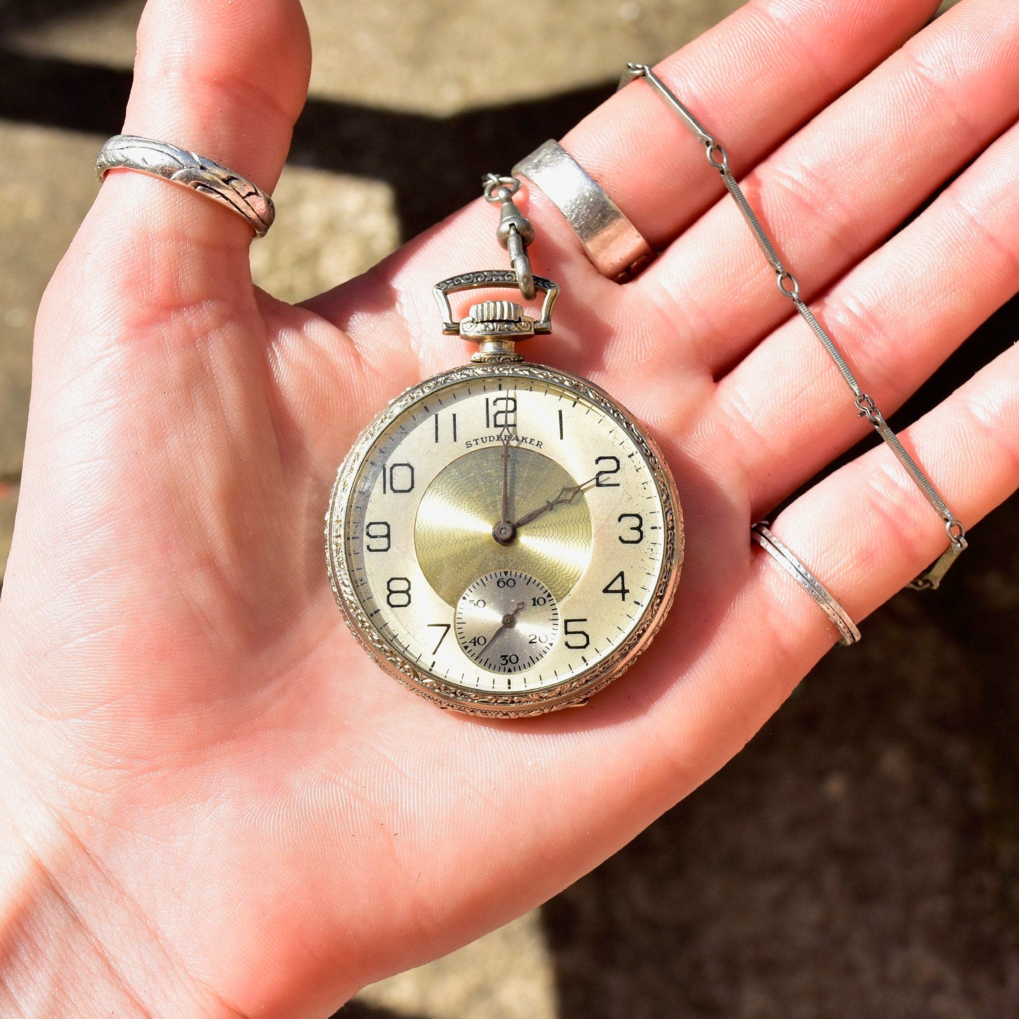 Antique South Bend STUDEBAKER 14K WG Filled Pocket Watch W/ Chain, Railroad Grade, 21 Jewel Movement, Decorative Etched Case, Working