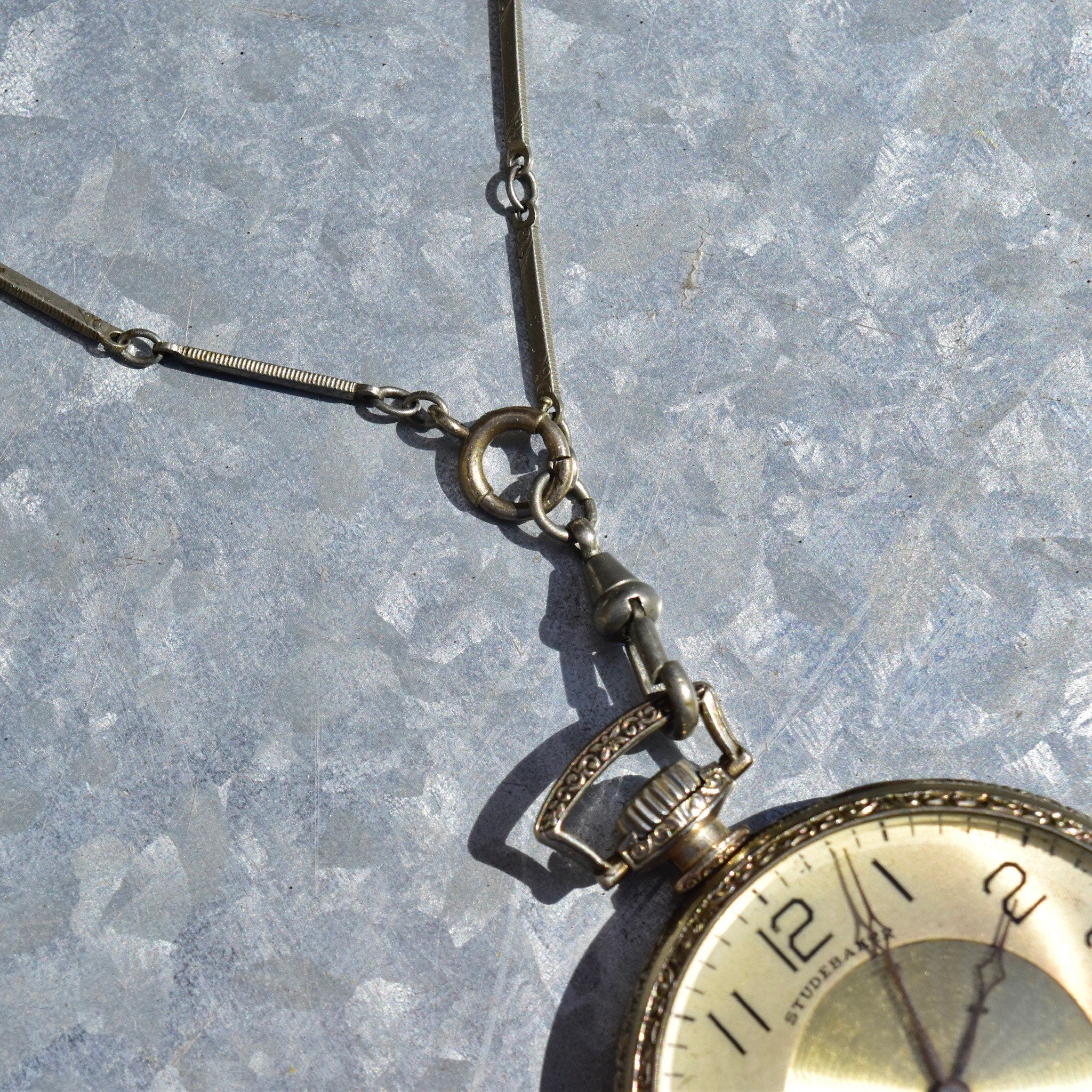 Antique South Bend STUDEBAKER 14K WG Filled Pocket Watch W/ Chain, Railroad Grade, 21 Jewel Movement, Decorative Etched Case, Working
