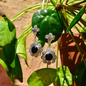 Vintage Navajo MANYGOATS Sterling Silver Black Onyx Flower Pierced Dangle Earrings, Engraved Designs, Native American Jewelry, 2 3/8" L
