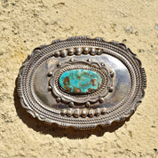Vintage Hallmarked Native American Sterling Silver Turquoise Belt Buckle, Ornate Silver Concho W/ Natural Turquoise Stone, 'W Sterling',