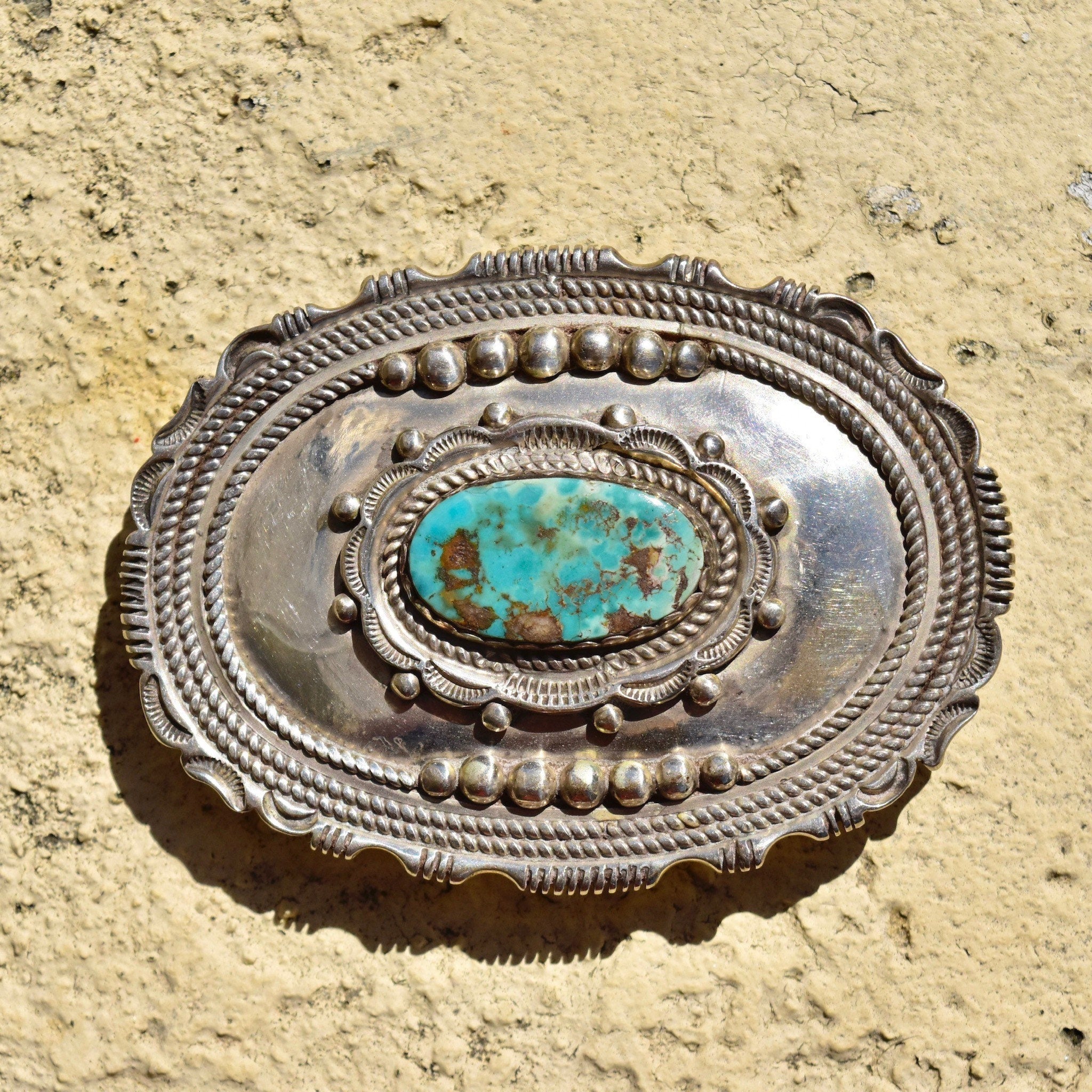 Vintage Hallmarked Native American Sterling Silver Turquoise Belt Buckle, Ornate Silver Concho W/ Natural Turquoise Stone, 'W Sterling',