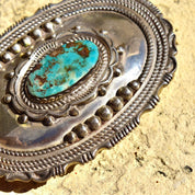 Vintage Hallmarked Native American Sterling Silver Turquoise Belt Buckle, Ornate Silver Concho W/ Natural Turquoise Stone, 'W Sterling',