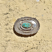 Vintage Hallmarked Native American Sterling Silver Turquoise Belt Buckle, Ornate Silver Concho W/ Natural Turquoise Stone, 'W Sterling',