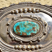 Vintage Hallmarked Native American Sterling Silver Turquoise Belt Buckle, Ornate Silver Concho W/ Natural Turquoise Stone, 'W Sterling',