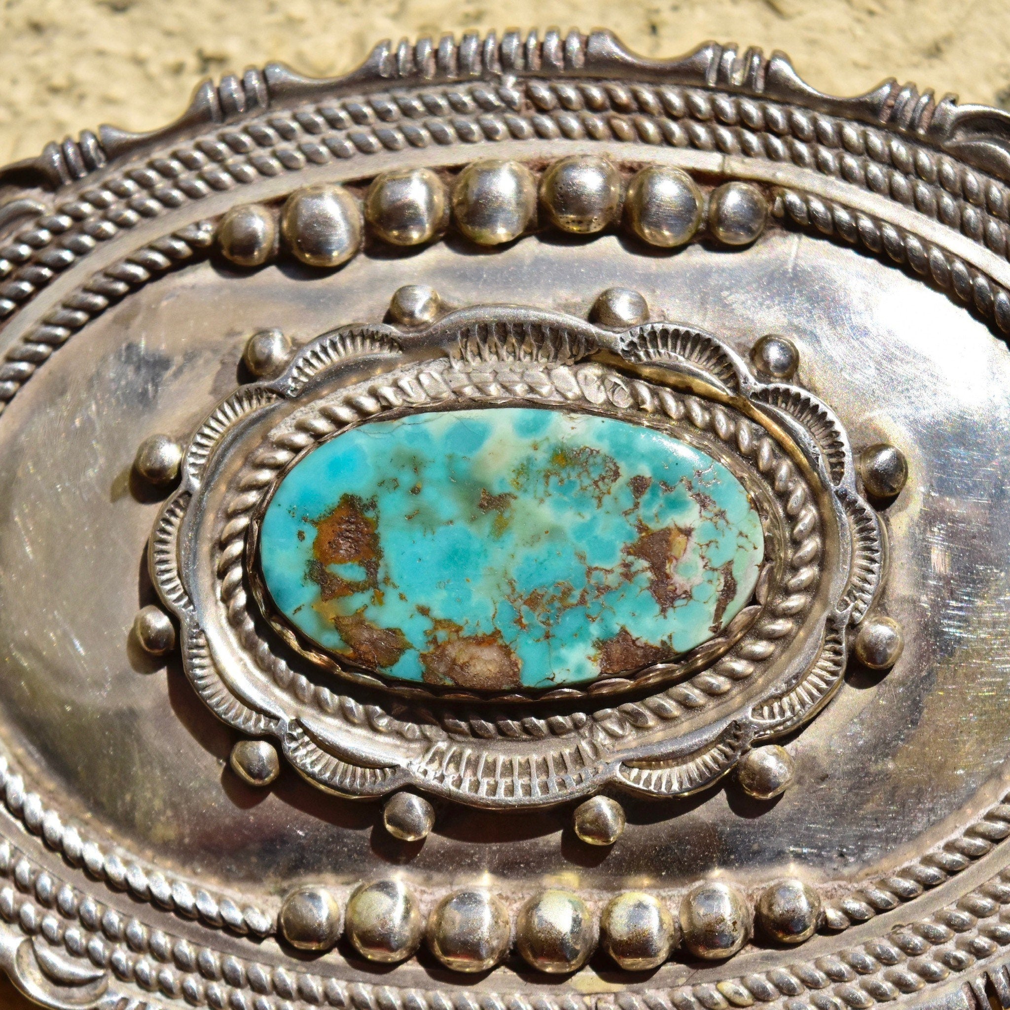 Vintage Hallmarked Native American Sterling Silver Turquoise Belt Buckle, Ornate Silver Concho W/ Natural Turquoise Stone, 'W Sterling',