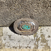 Vintage Hallmarked Native American Sterling Silver Turquoise Belt Buckle, Ornate Silver Concho W/ Natural Turquoise Stone, 'W Sterling',