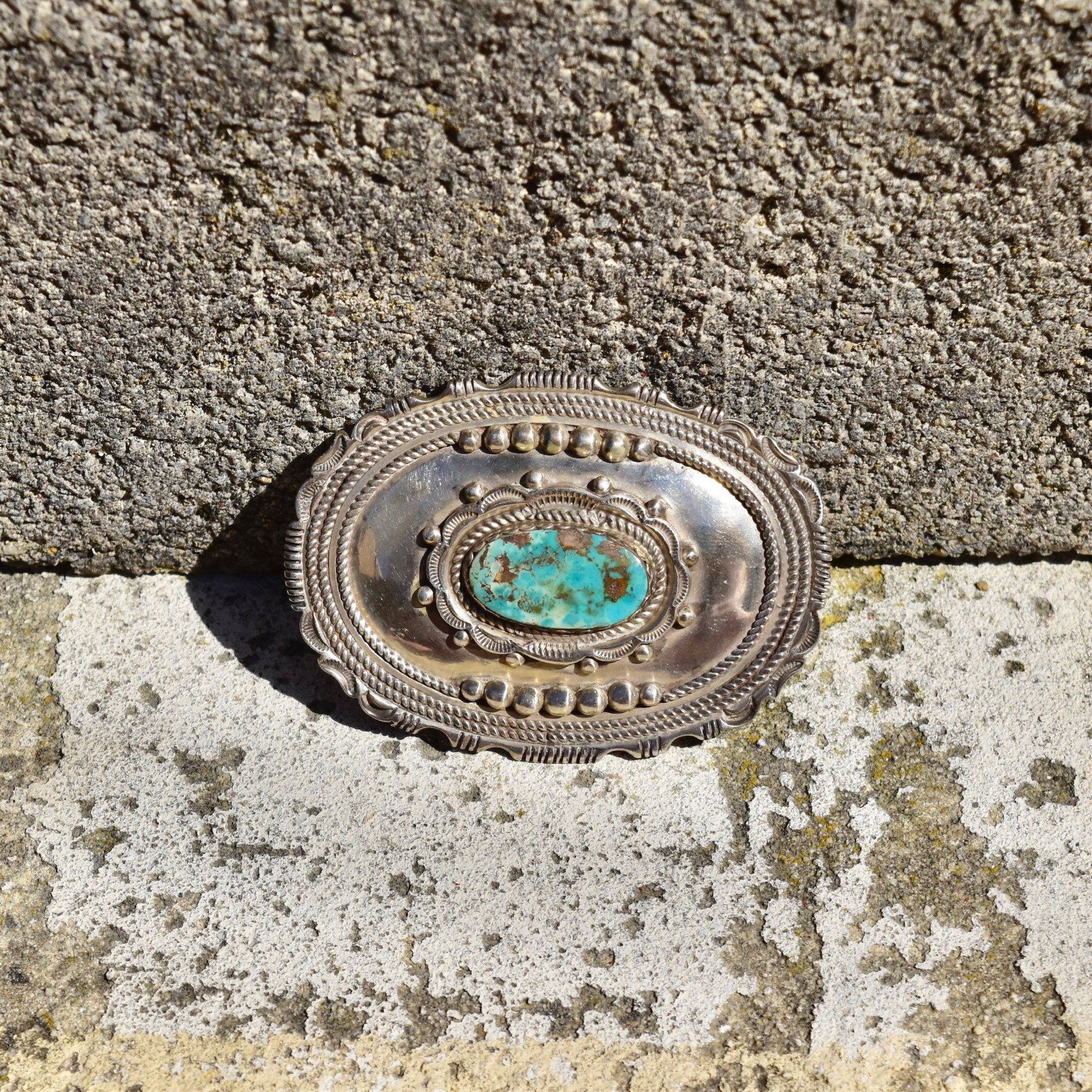 Vintage Hallmarked Native American Sterling Silver Turquoise Belt Buckle, Ornate Silver Concho W/ Natural Turquoise Stone, 'W Sterling',