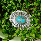 Vintage Native American Sterling Silver Turquoise Belt Buckle, Mini Hammered Concho Buckle, Beautiful Turquoise Stone, 2 1/4"