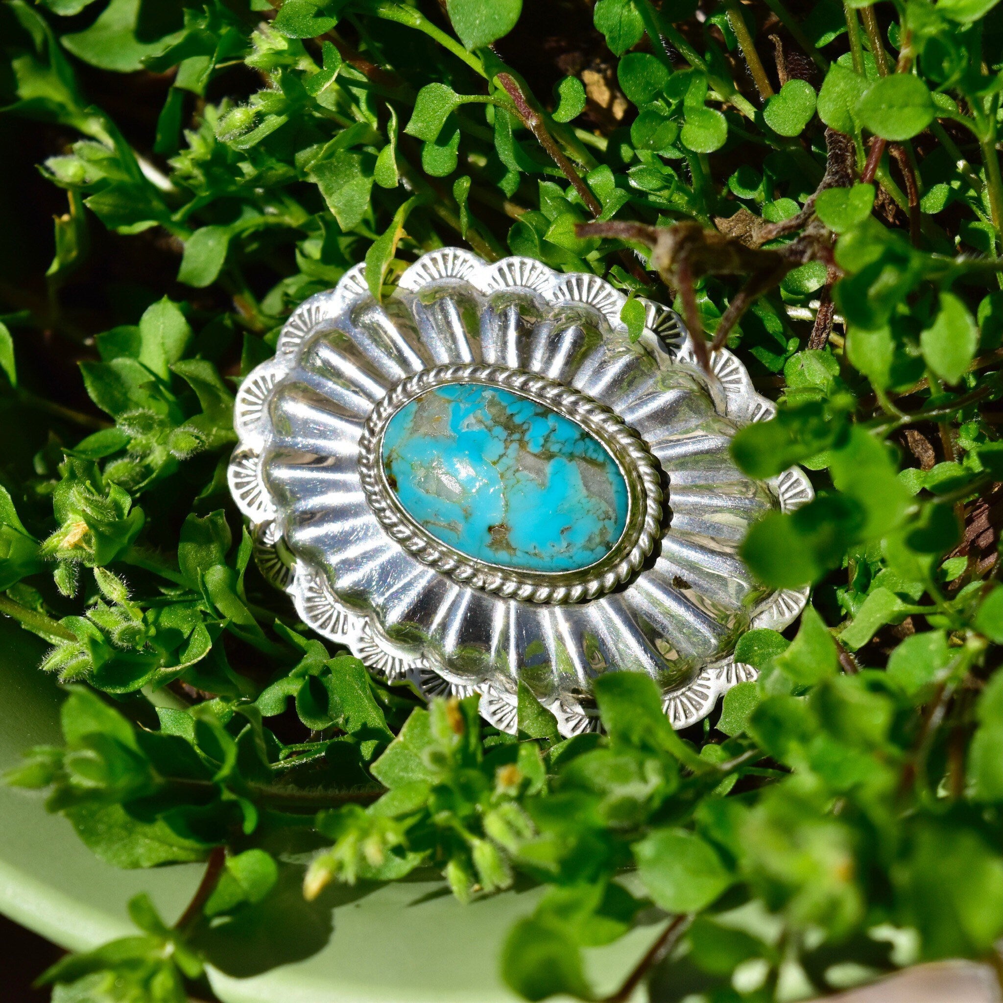 Vintage Native American Sterling Silver Turquoise Belt Buckle, Mini Hammered Concho Buckle, Beautiful Turquoise Stone, 2 1/4"