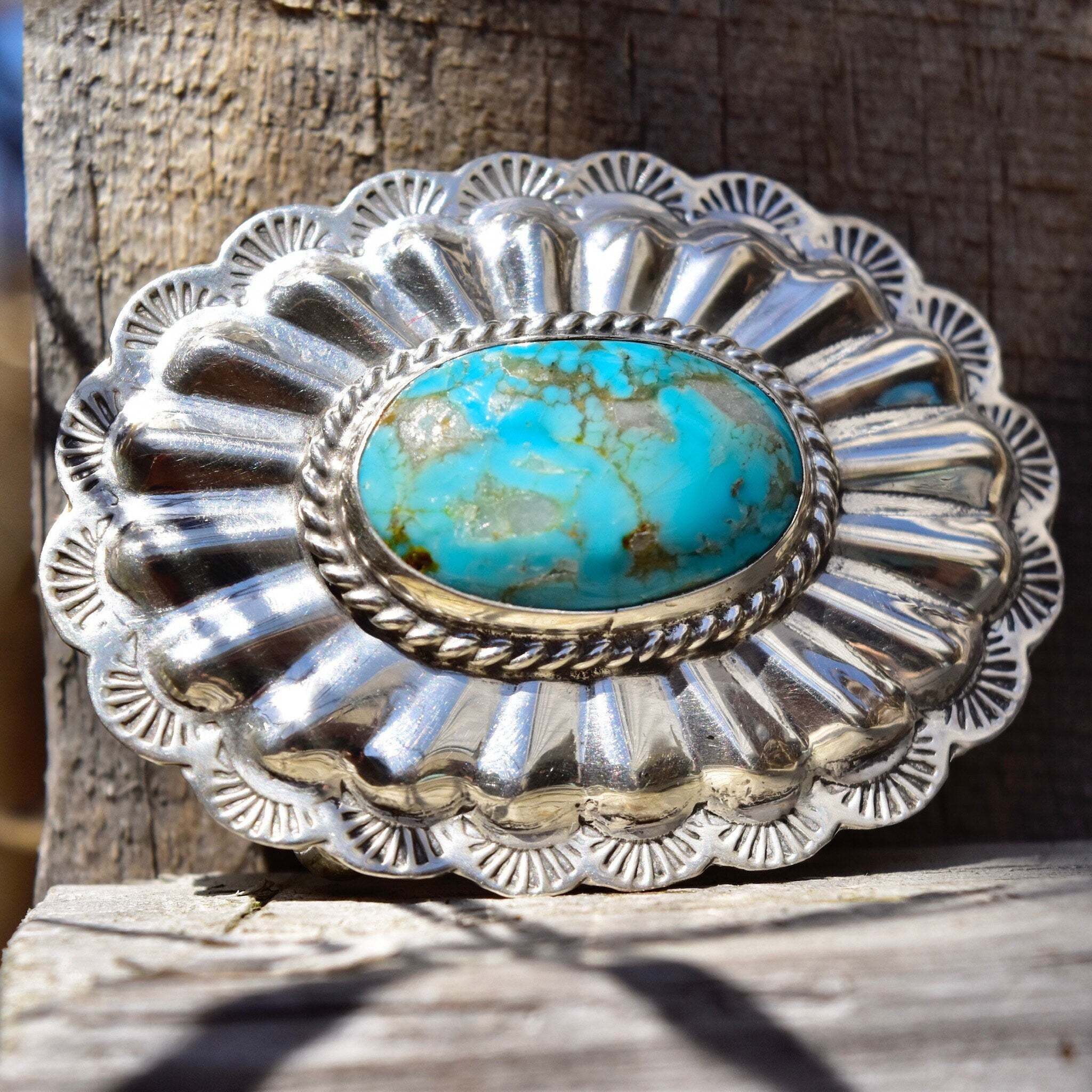 Vintage Native American Sterling Silver Turquoise Belt Buckle, Mini Hammered Concho Buckle, Beautiful Turquoise Stone, 2 1/4"