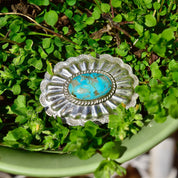 Vintage Native American Sterling Silver Turquoise Belt Buckle, Mini Hammered Concho Buckle, Beautiful Turquoise Stone, 2 1/4"
