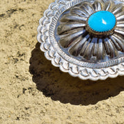 Vintage Native American Turquoise Concho Belt Buckle, Hammered Sterling Silver Buckle, Natural Turquoise Accent, 2 3/4"